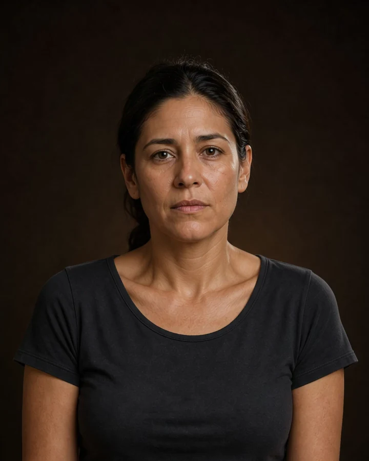 Retrato editorial de mulher adulta com olhos, cabelo, rosto, mandíbula, pescoço e ombros visíveis