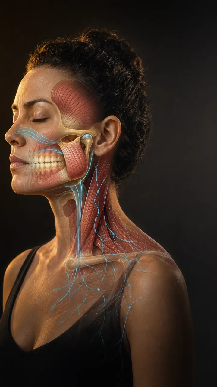 Ilustração editorial em perfil mostrando mandíbula, músculos da face e pescoço